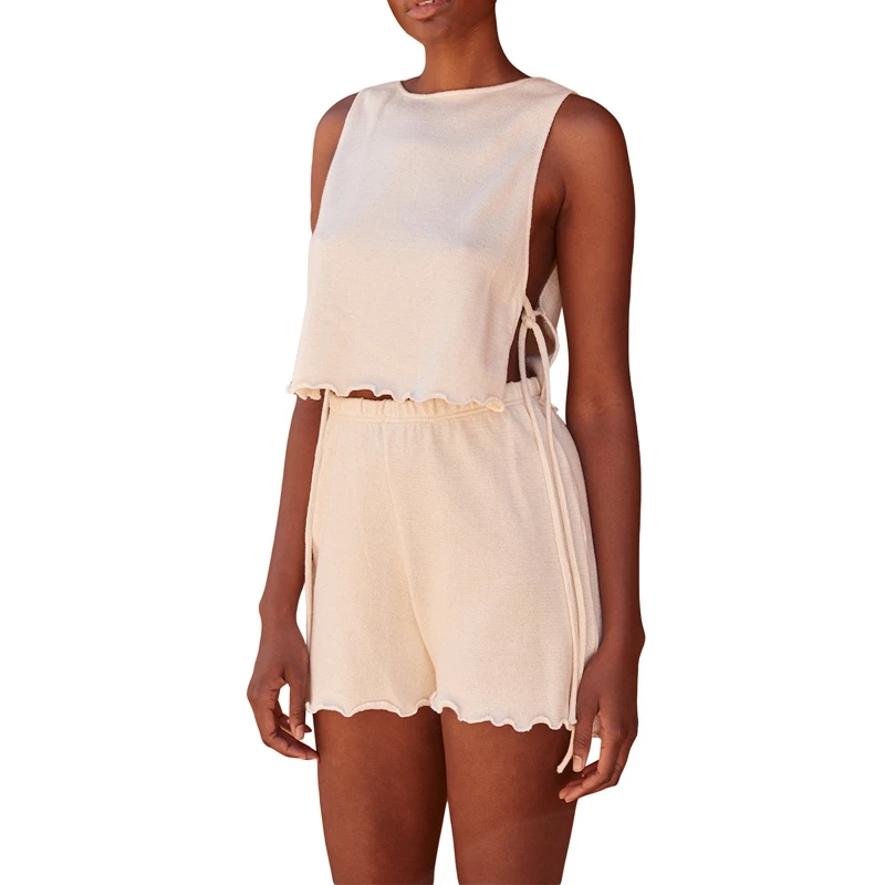 

2 Piece Summer Outfits Women Sleeveless Side Tie-up Knitted Tank Tops and Shorts Matching Set Loungewear Women Casual Clothes