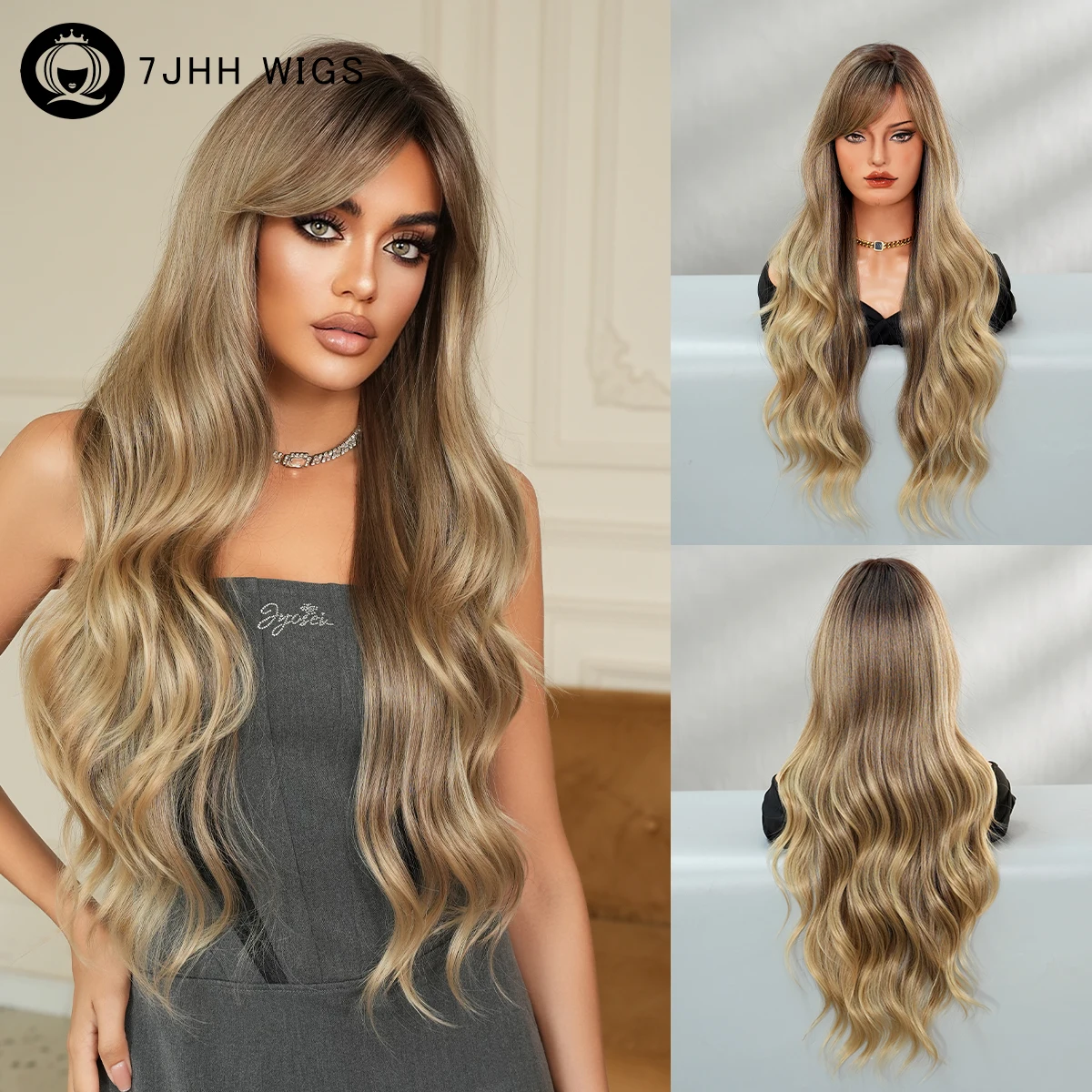 7JHH WIGS Lange gewellte braune Perücke mit blonden Highlights für Damen, hochdichte synthetische, modische Perücken mit Seitenpartie
