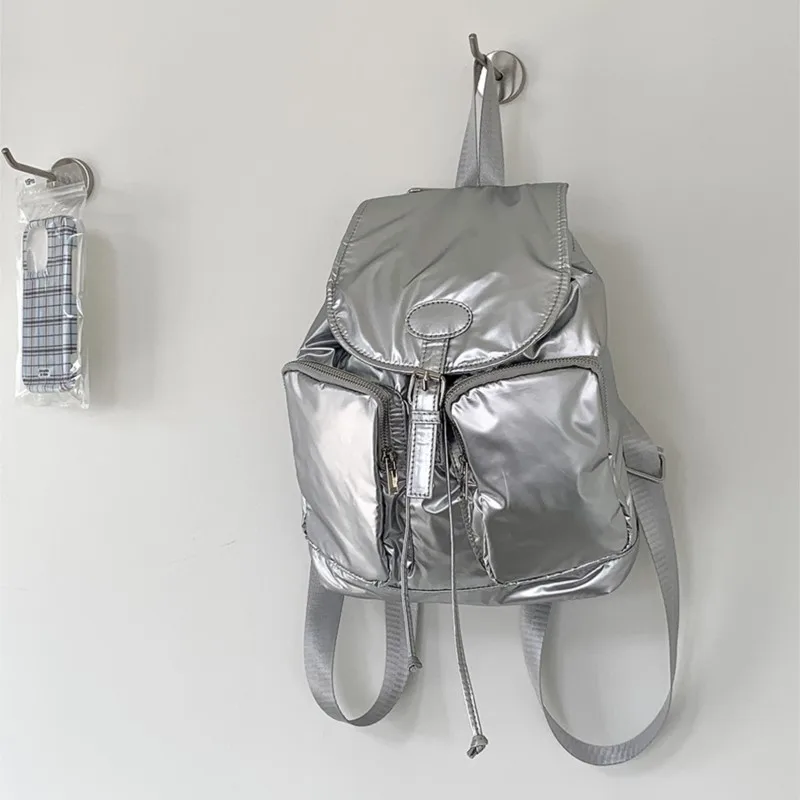 2024 New Casual Silver Backpack Women Korean Flip Drawstring Large Capacity Backpacks Fashion Simple Travel College Student Bags