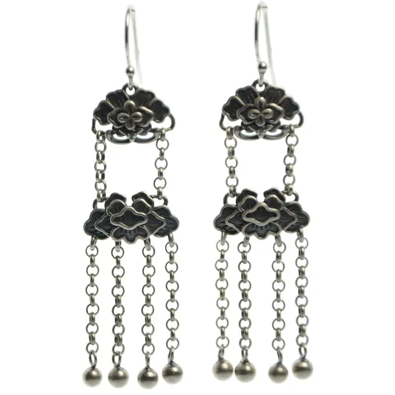 Vintage Thai silver tassel flower design drop earrings for women Chinese style unique art ethnic style ladies jewelry