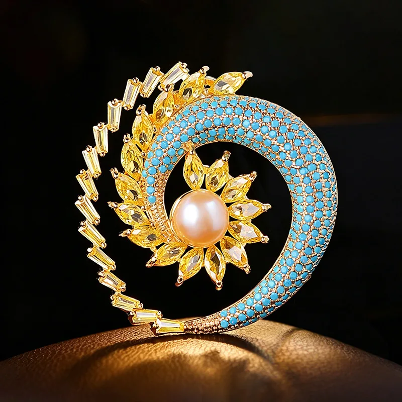 

Retro Literary Blue and Gold Contrasting Brooch Women's Freshwater Pearl Niche Design Zircon-encrusted Corsage Coat Accessories