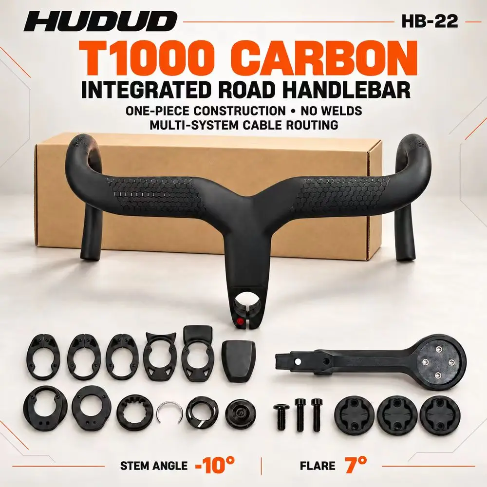 HUDUD HB-22 T1000 Carbon Integrated Aero Road Handlebar 25mm Rise Full Internal Cable Routing Di2 OD2 28.6/31.8mm Computer Mount