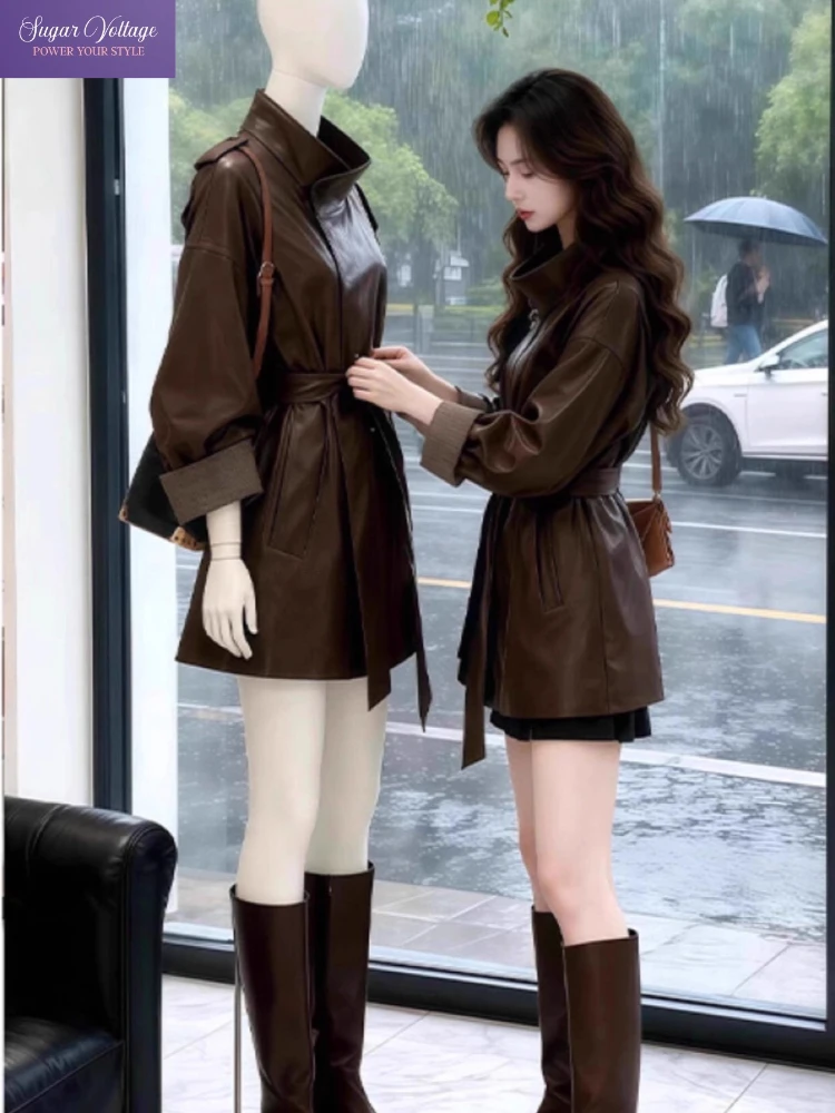 Abrigo de cuero marrón Vintage Harajuku para mujer, Chaqueta larga con cinturón y cuello levantado, traje de moda Retro para ir al trabajo a prueba de viento para otoño