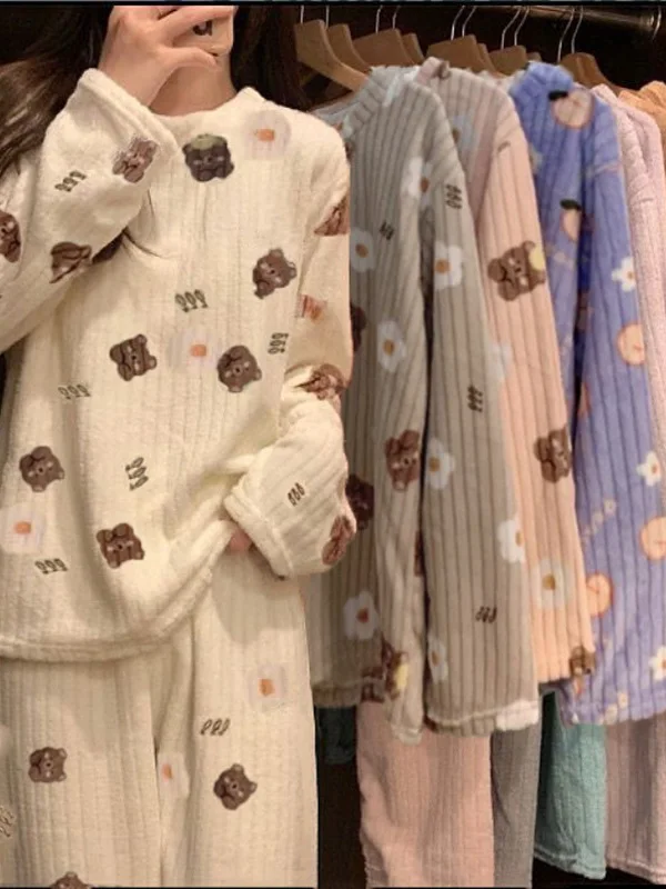 Adorable Sweet Coral Fleece Women\'s Sleepwear Set Warm Home Clothes Long Sleeve round Neck Print Long Pants Thick Autumn Winter