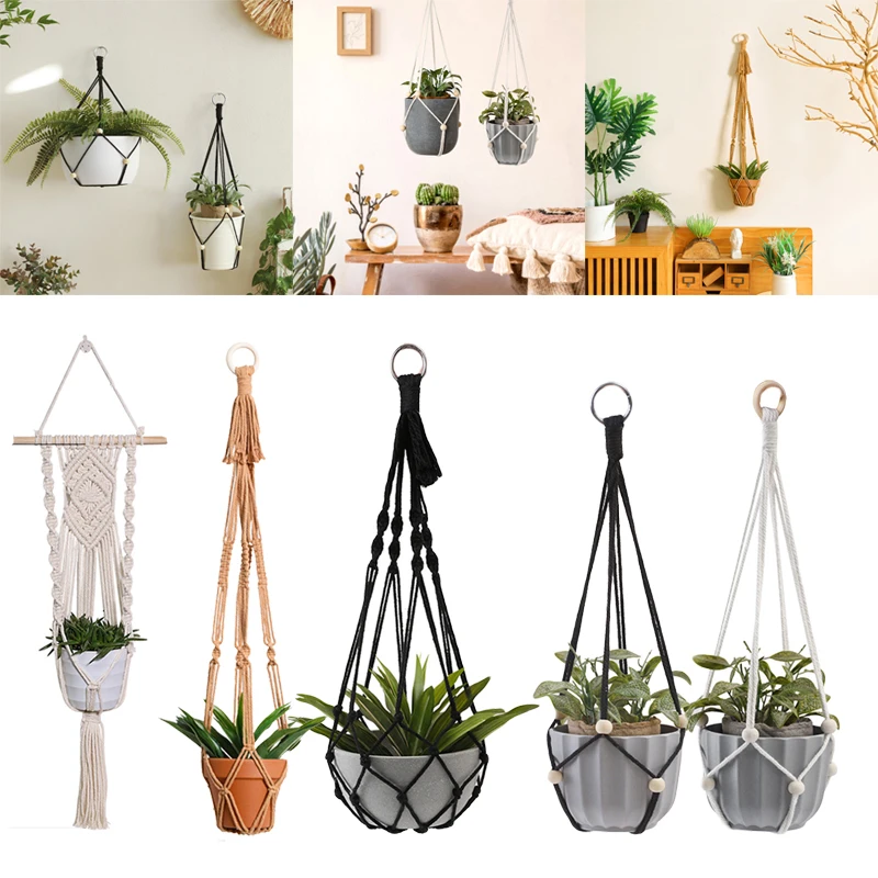 Bohemian Hand-woven Mesh Bag Garden Potted Plant Hanger Hanging Basket Tapestry Simple Home Residents Stay Balcony Decoration