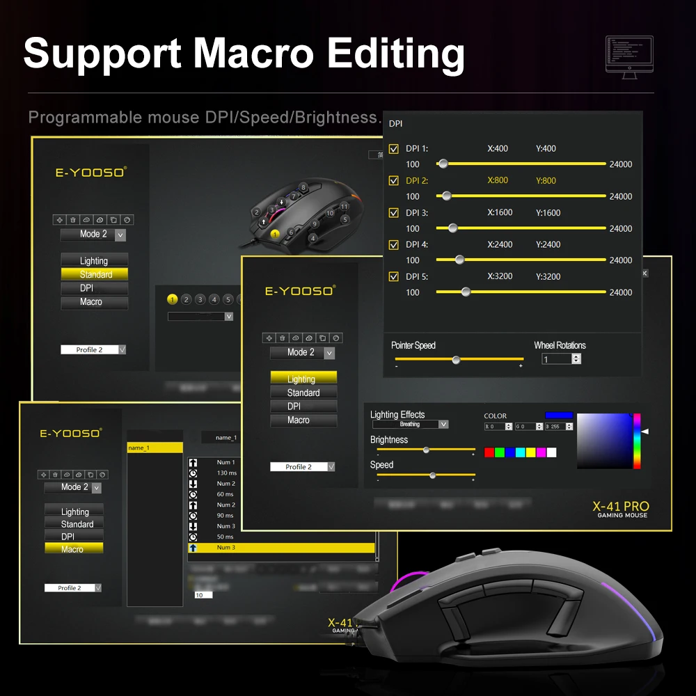 E-YOOSO X-41 USB Wired RGB Gaming Mouse 24000 DPI SG8960 10 buttons programmable game Optical mice for Computer PC Laptop