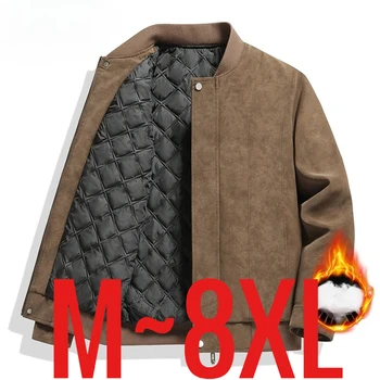 Big Size 8XL Suede Leather Jacket Men Cotton Padded Coat Motorcycle Male Oversize College Large Plus Winter Zipper Windbreaker