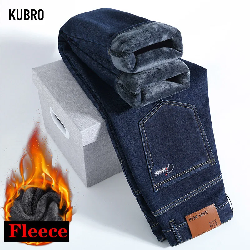 Wysokiej jakości męskie dżinsy polarowe Business Casual Slim Straight Denim Trousers Autumn Winter New Plus Size Thickened Warm Men Pants