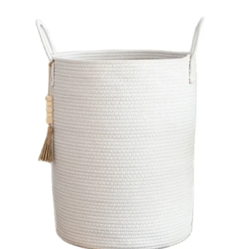 Large Woven Laundry Hamper Tall Storage Basket with Handles Foldable Cotton Rope for Clothes Kids Toys Organizer Living Room