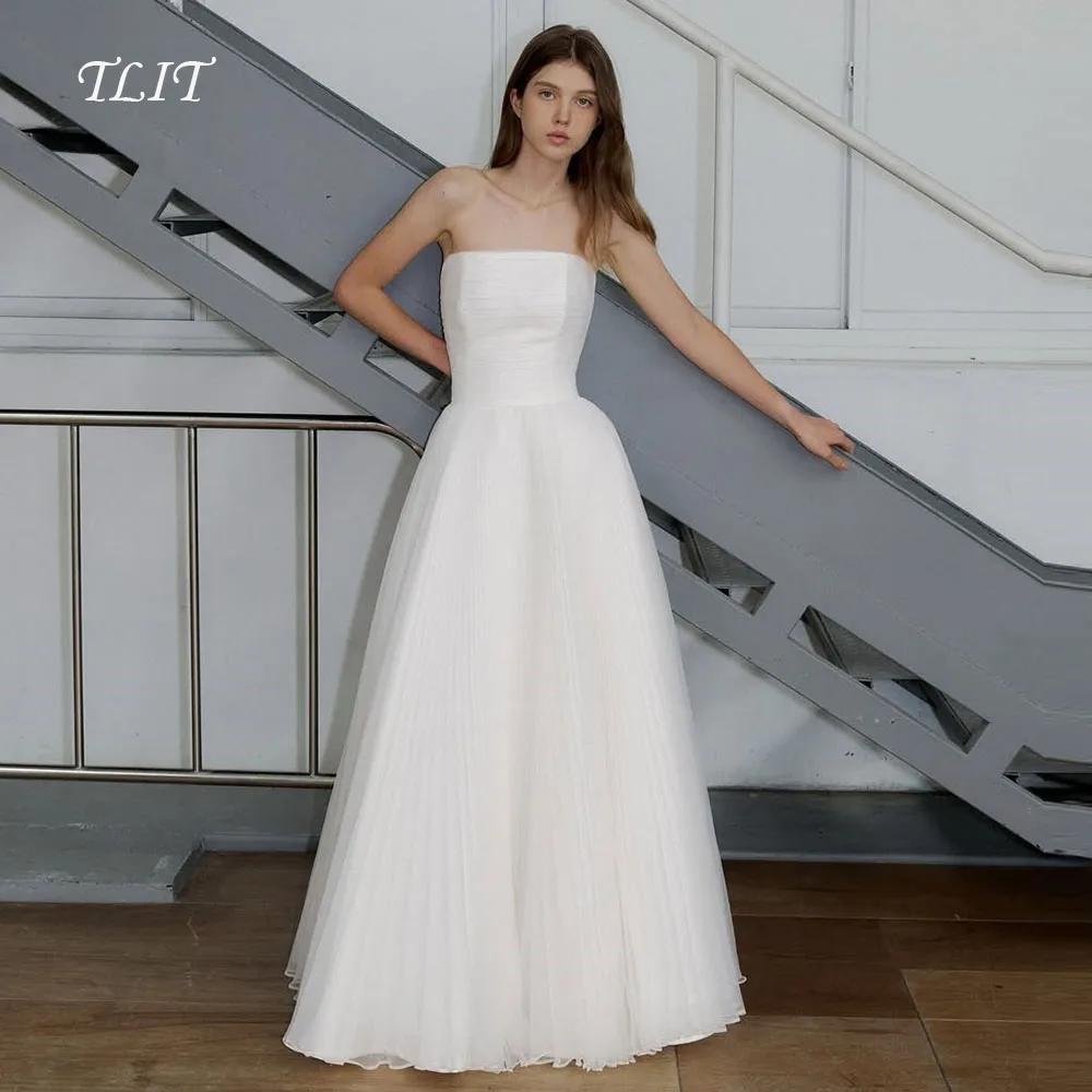 

TLIT Elegant White Chiffon A-Line Evening Dresses Customized Strapless Sleeveless Prom Gowns Korea Wedding Dresses Photo shoot