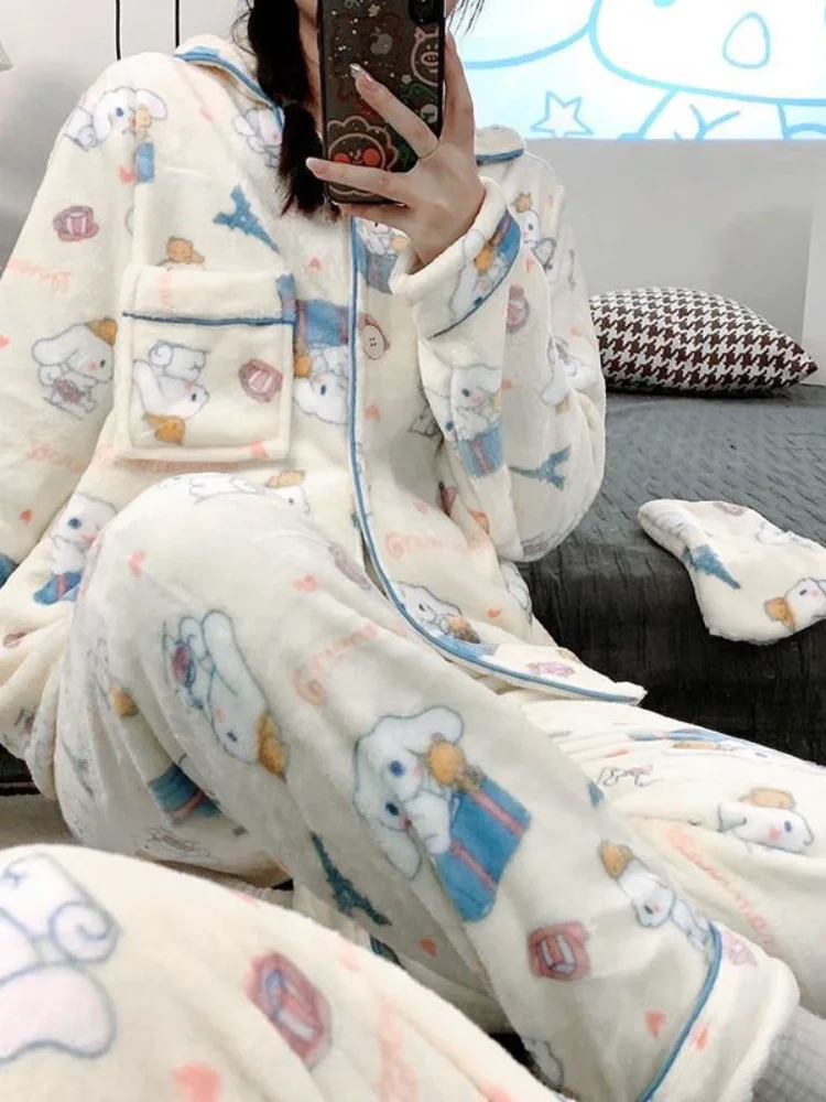 Sanrio Hello Kitty pyjamas femmes hiver corail velours épaissi chaud dessin animé vêtements d'extérieur maison vêtements costume velours pantalon