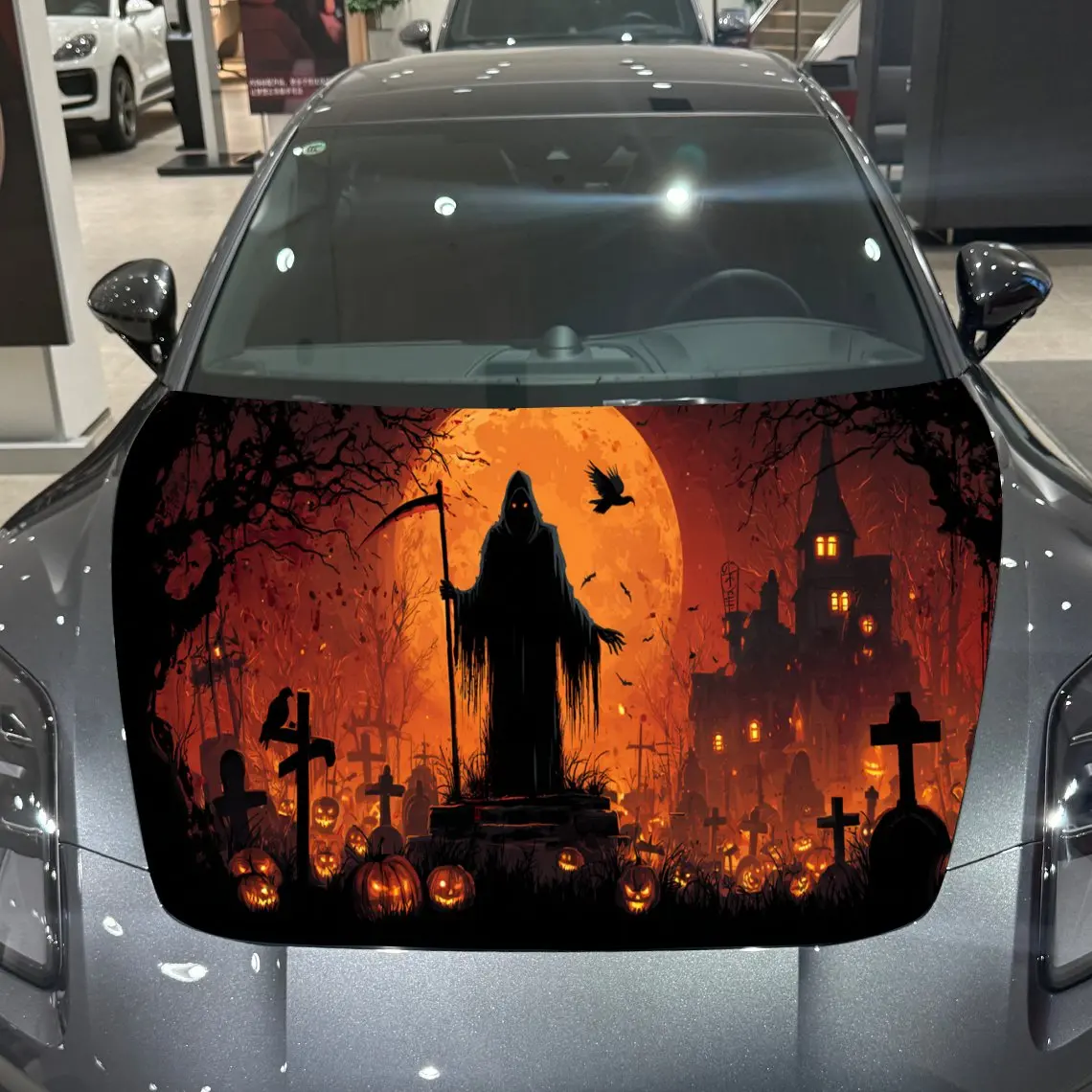 

Торжественный силуэт темного мрачного жнеца, виниловые наклейки на капот автомобиля, защитная наклейка для поверхности автомобиля, декоративная крышка, виниловая пленка