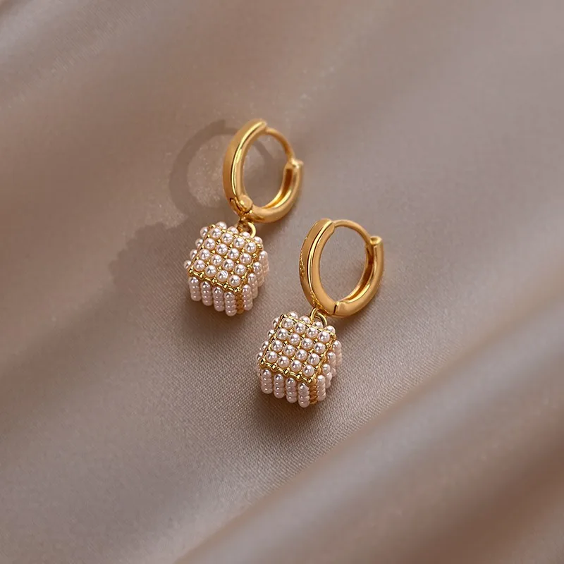 2023 Korean New Design Fashion Jewelry 14K Gold Plated Square Full Pearl Earrings Elegant Women\'s Daily Work Accessories