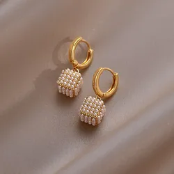 2023 Korean New Design Fashion Jewelry 14K Gold Plated Square Full Pearl Earrings Elegant Women's Daily Work Accessories