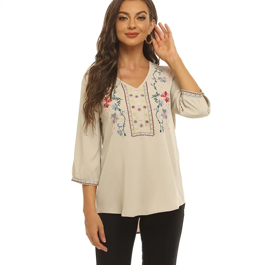 

Le Luz Boho Embroidery Blouses Shirt Beige Autumn Chic Women Mexican Shirt Vintage Long Sleeve 2XL 3xl Women Ethnic Tops