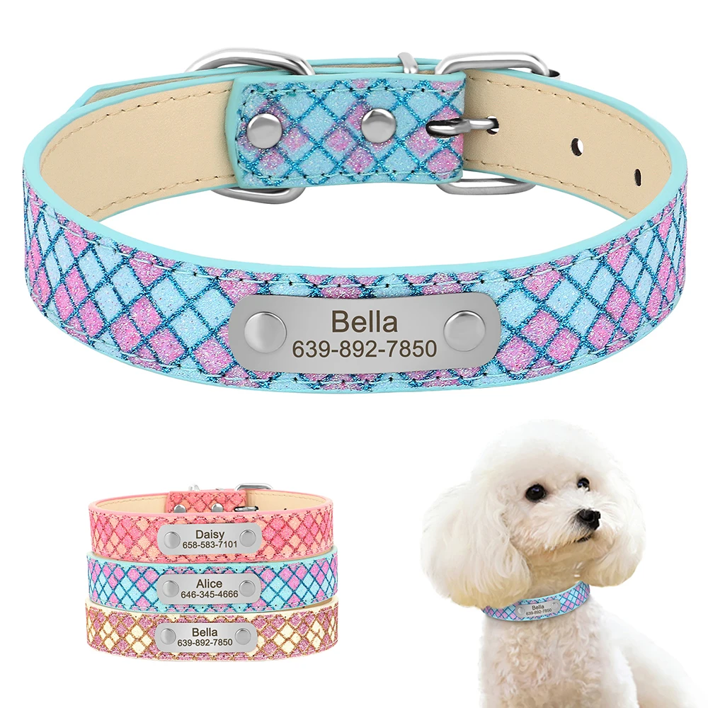 Personalized Leather Dog Collar Customized Plaid Collars For Small Medium Dogs Cats Chihuahua With Free Engraved ID Nameplate