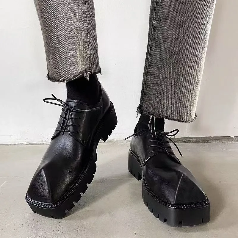

Black Leather Square-Toe Derby Shoes Handsome Lace-Up Men's Shoes Wear-Resistant Vintage Style Handmade Men's Shoes