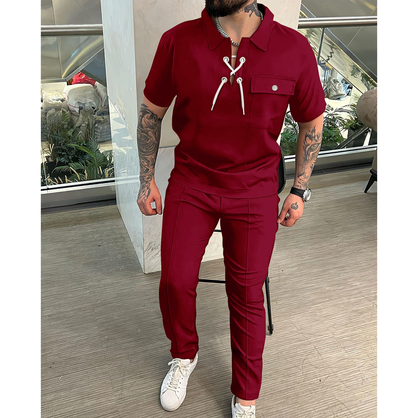 

plus Size Men's Casual irt And Tangxian Long Pants Set Comfortable Cotton Blend Fabric ort Sve T-irt Autumn Wear