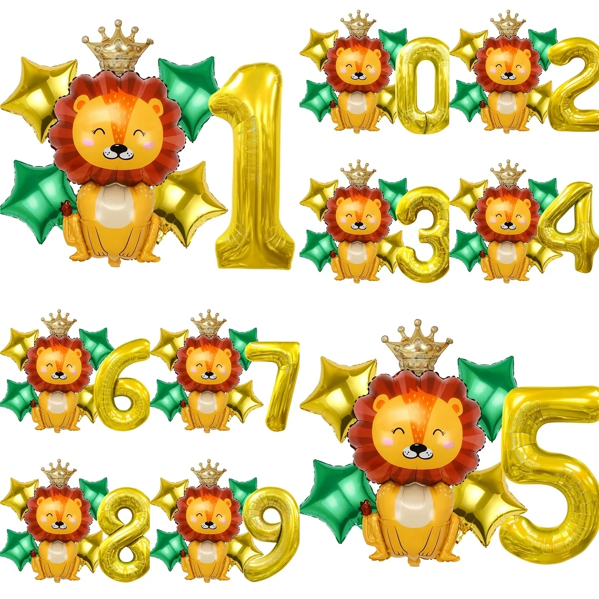 6pcs Lion King Number Balloon Set, Crown Lion Gold Green Star Foil Balloons for Lion King Theme Birthday, Jungle Safari Party, B