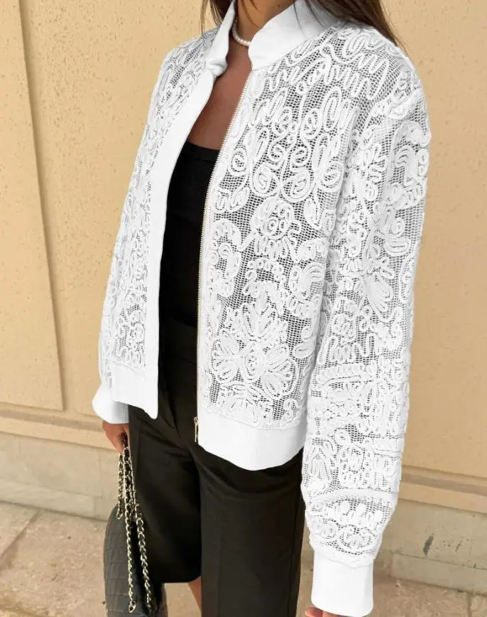 Women's Jacket 2025 Spring New Stand Collar Zipper Up Pattern Textured Lightweight Breathable Baseball Coat Casual Sheer Coat