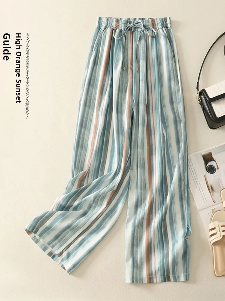 Pantalon à jambes larges pour femmes, teint à rayures arc-en-ciel, décontracté, taille haute, jambe droite, mélange de coton et de lin, nouveau pantalon d'été