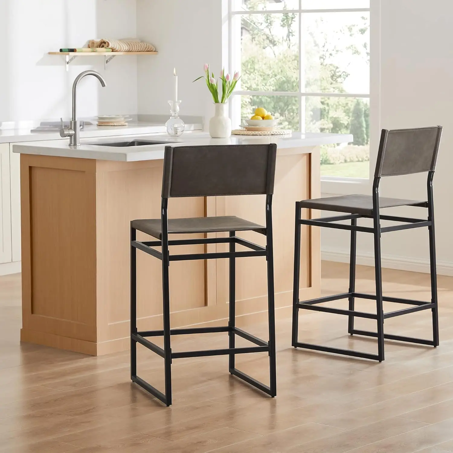 

Faux Leather Counter Height Bar Stools Set of 2, Sling Armless Kitchen Barstool, 24" H Seat Height Counter Chairs, Grey