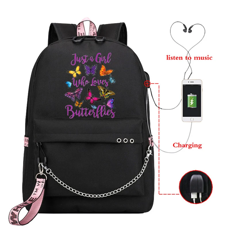 

Just A Girls Who Love Butterfly Characters Funny Cute Backpack Girls School Backpack Bag Mochilas Mujer Usb Charging Bookbag