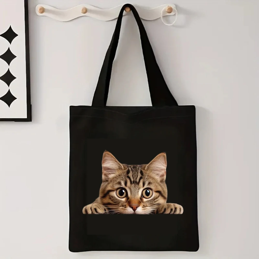 Peeking Orange Cat Print Black Canvas Tote Bag, Women Shoulder Bag, Cute Pet Handbag for Casual Outfits