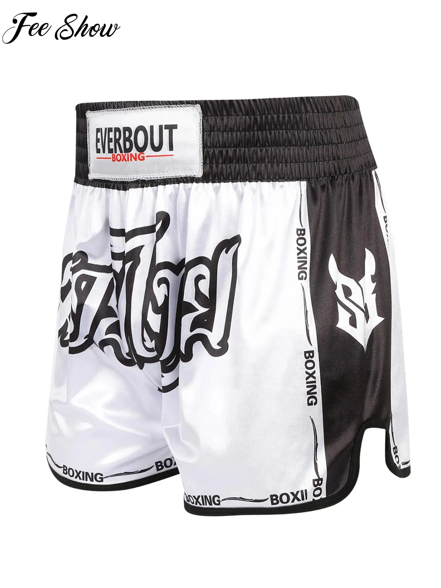 Kids Boys Printed Boxing Shorts Wide Elastic Waistband Side Slit Color-blocked Boxer Trunks for Muay Thai Kickboxing Training