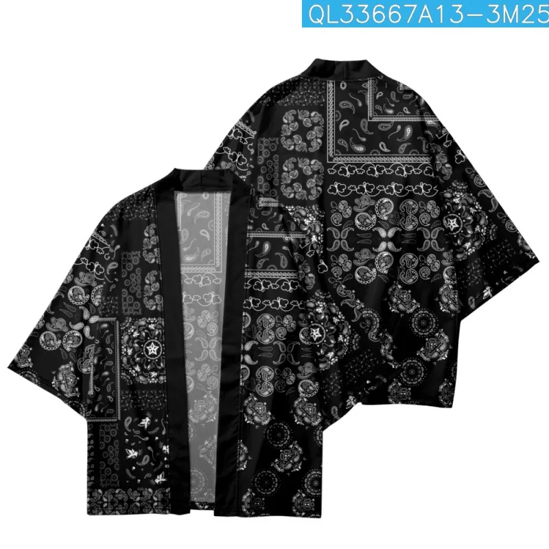 

Cashew Flowers Printed Black Loose Japanese Kimono Beach Shorts Men Women Streetwear Yukata Shirt Haori Cardigan Cosplay