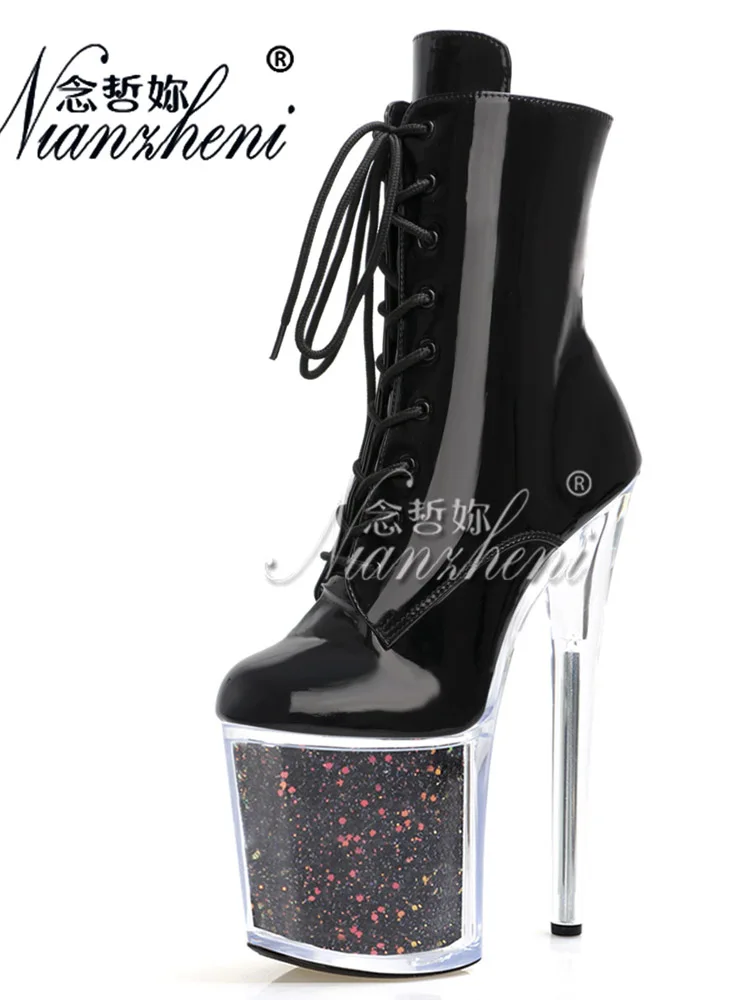 

17cm Motorcycle Sexy Fetish Platform Ankle Boots Lace-Up Stripper Pole Dance Fashion Shoes with 8-Inch Thin Heels And Crystal De
