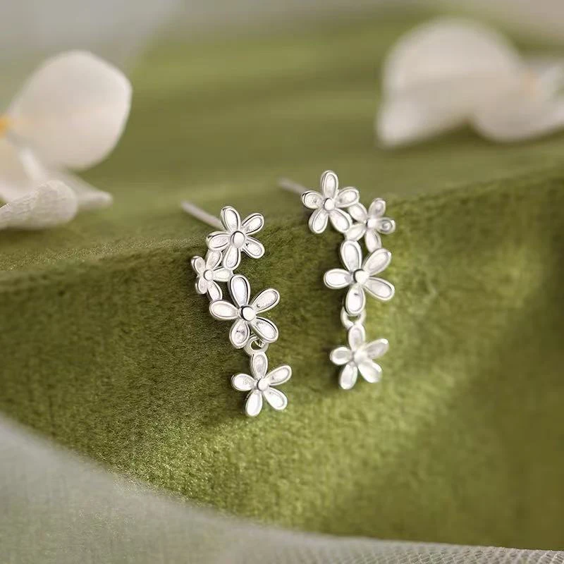 

Real 925 Sterling Silver Elegant Floral Tassel Stud Earrings For Women Classic Fine Jewelry Advanced Feeling Accessories