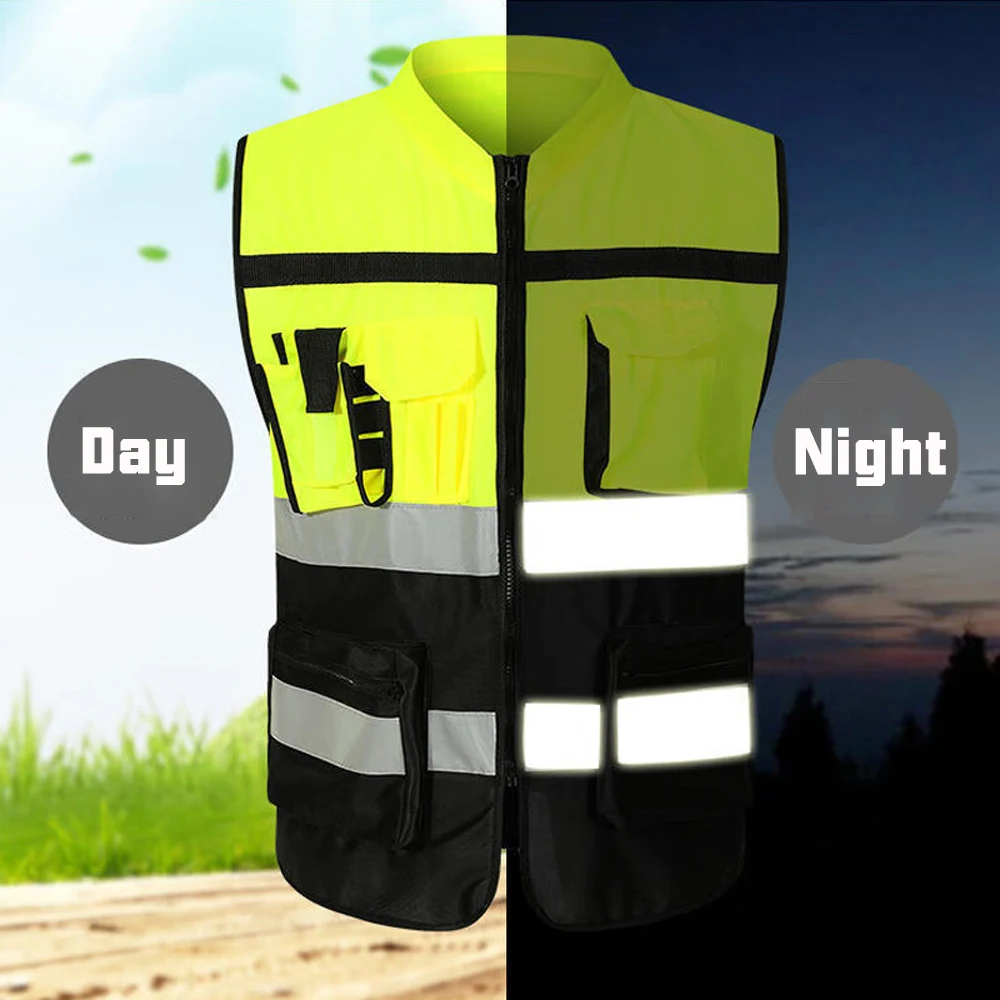 Imagem -05 - Colete de Segurança Reflexivo de Alta Visibilidade Vários Bolsos Roupas de Trabalho Masculinas Trabalho de Construção Tom Duplo hi Vis Colete Fluorescente