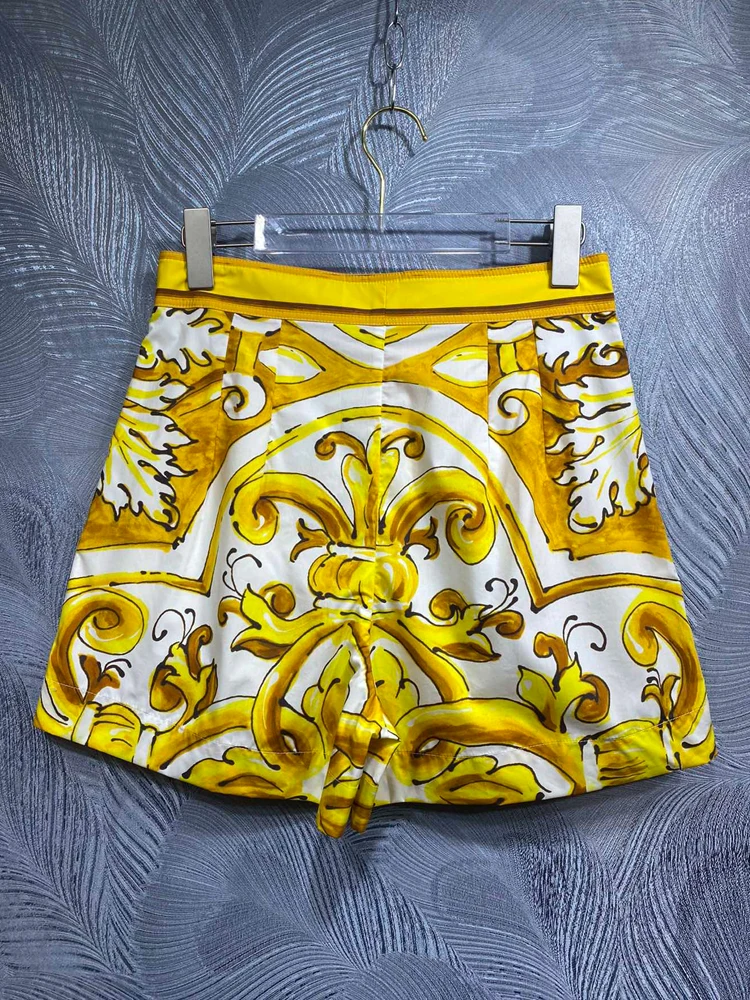 SEQINYY 100% Cotton Shorts Summer Spring New Fashion Design Women Runway Pockets Vintage Yellow Flower Print Casual Holiday