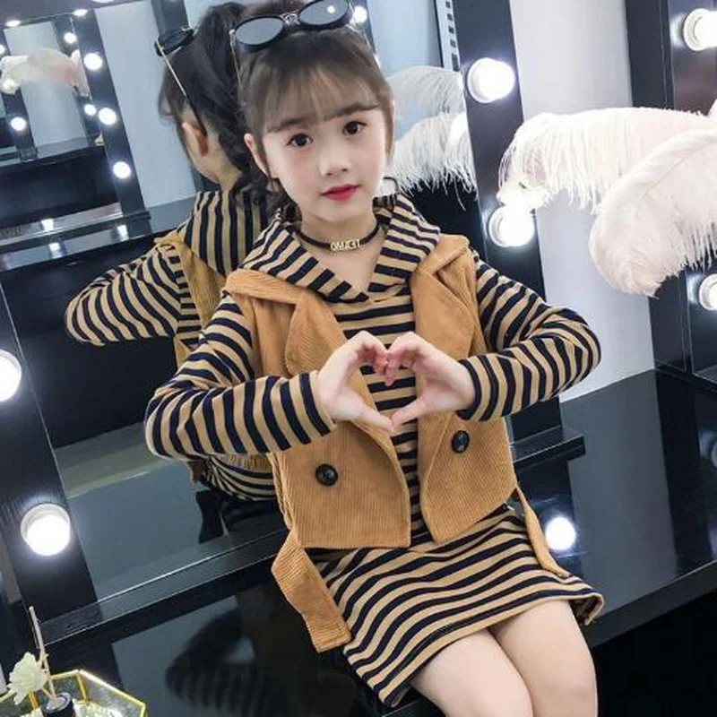 

Children Clothes Spring Autumn Girls Outfits Striped Dress + Vest 2Pcs Teenage Kids Clothing Sets Casual Hooded Girls Costumes