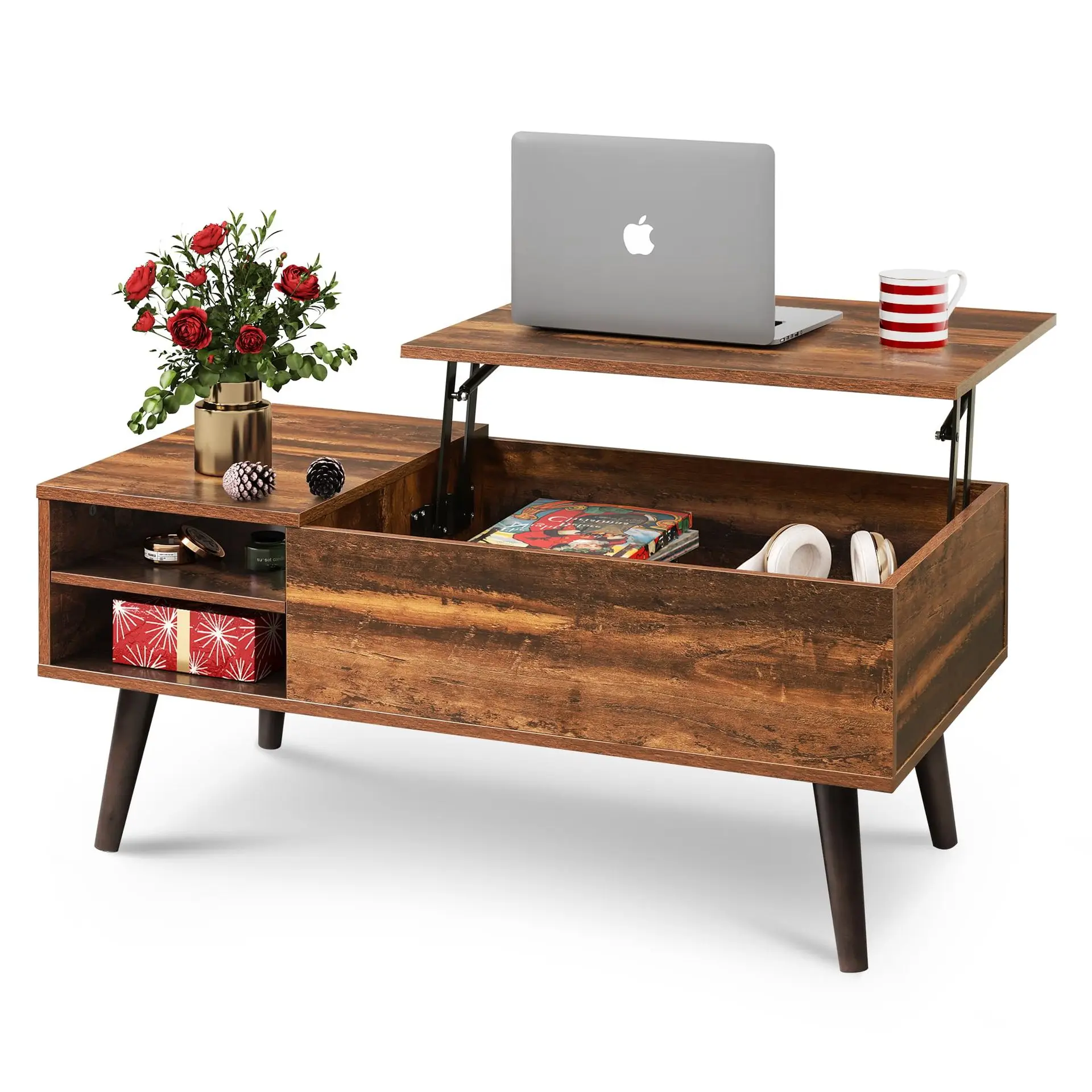 Coffee table retro foldable lifting with storage compartment multi-functional coffee table