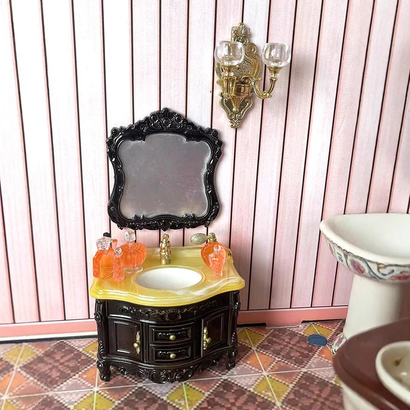 Dollhouse Mini Furniture Basin Sink Mirror Mini Bathroom Scene Home Washbasin Toy Ornament For Doll House Decoration Accessories