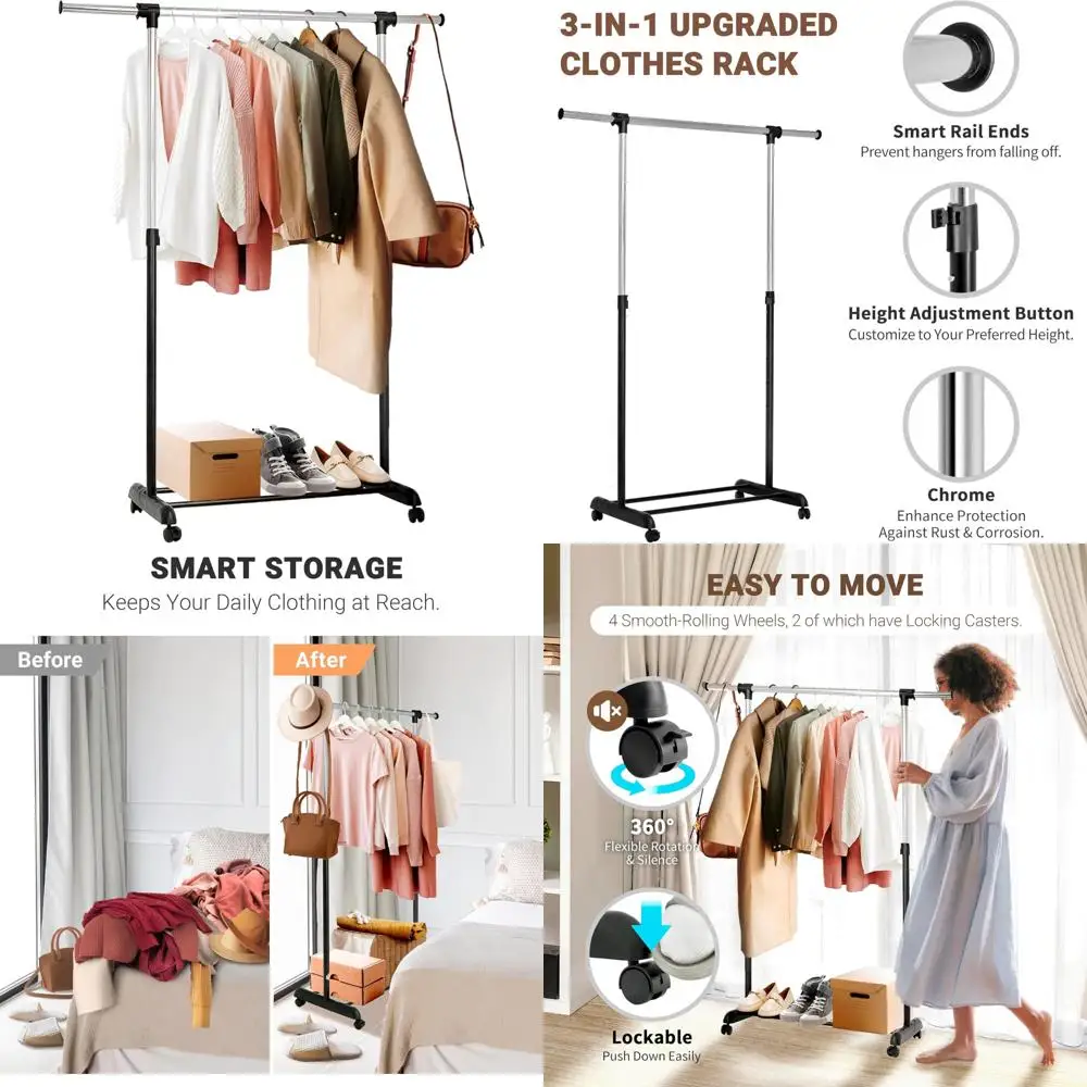 

Extendable Adjustable Rolling Garment Rack for Hanging Clothes - Freestanding Closet Laundry Storage Solution