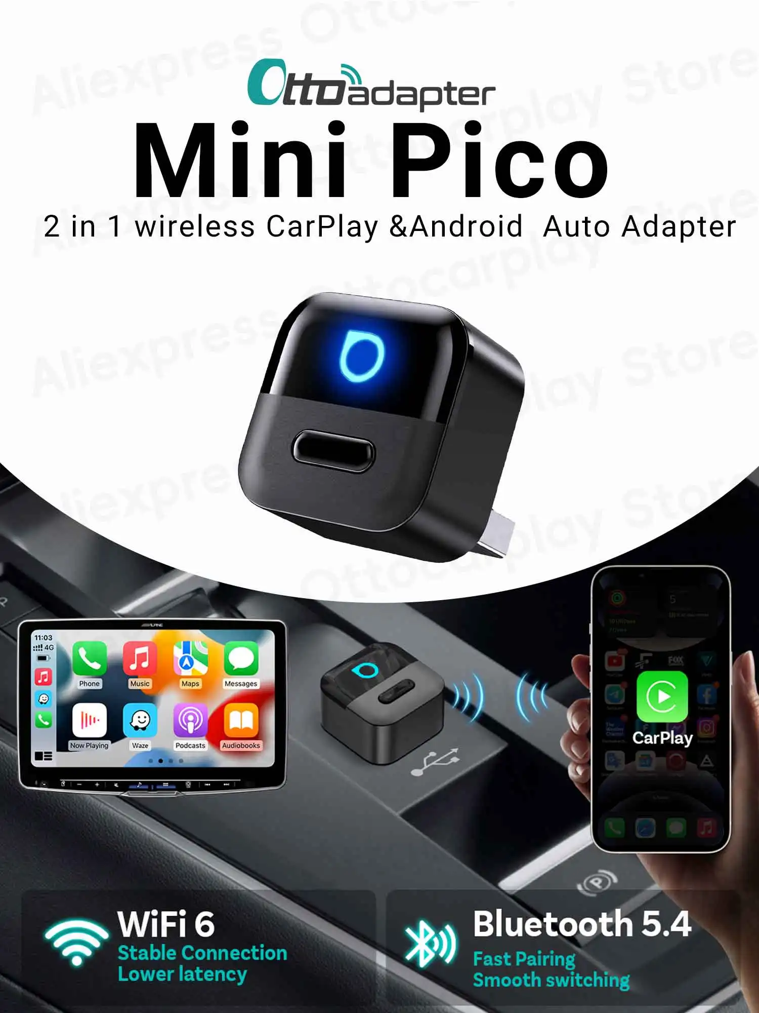 Ottocast 2-in-1 Mini Pico Adapter met Smart Button draadloze CarPlay Android Auto Dongle voor iPhone 14 15 16 17 Samsung telefoons - afbeelding 2