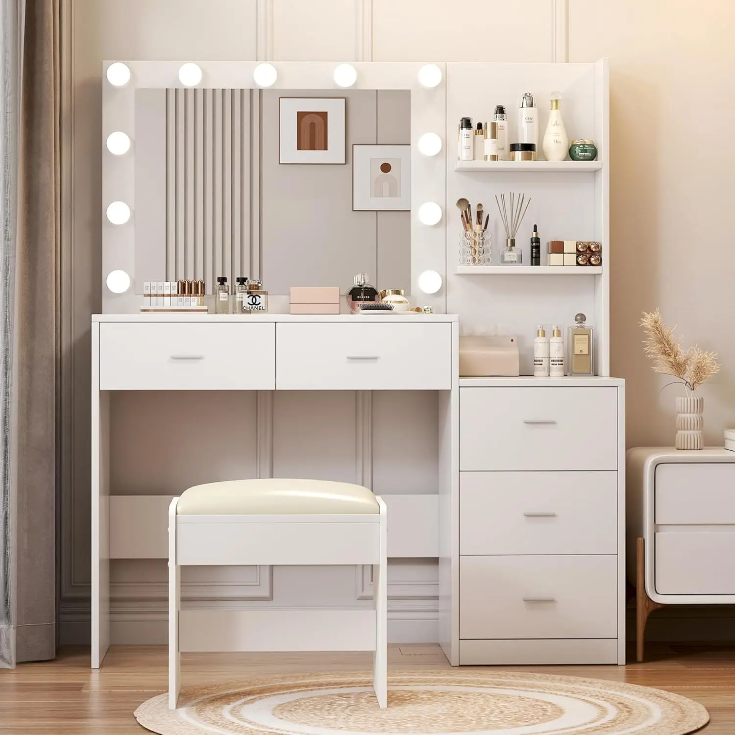 

Vanity Desk with Mirror and Light,Table with 3 Color Adjustable Lightingvanity Mirror LED Dresser&Drawers & Cabinet,Vanity Stool