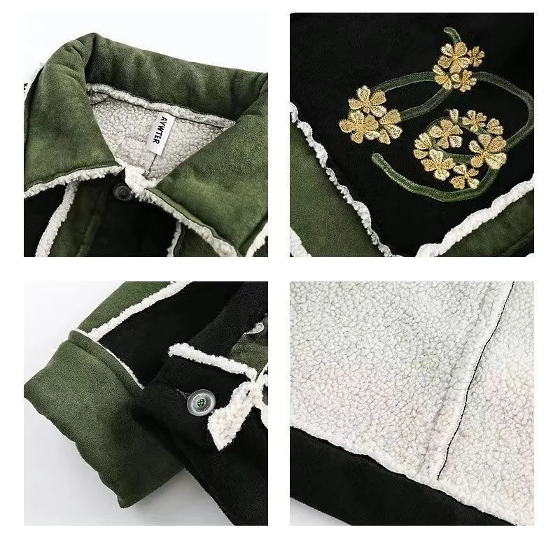 American Style High Street Fashion Contrast Stitching Lamb Fleece Coat Design Sense Thickened Embroidery Patchwork Loose Jackets