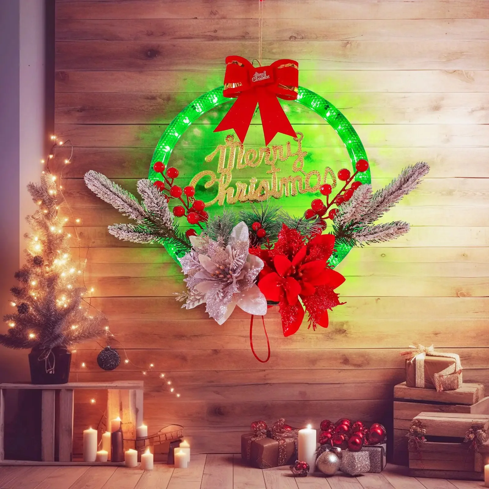 28Pcs/Lots New Christmas LED Decoration Simulation Red Fruit Christmas Wreath Meteor Light 30CM Door Hanging Lights