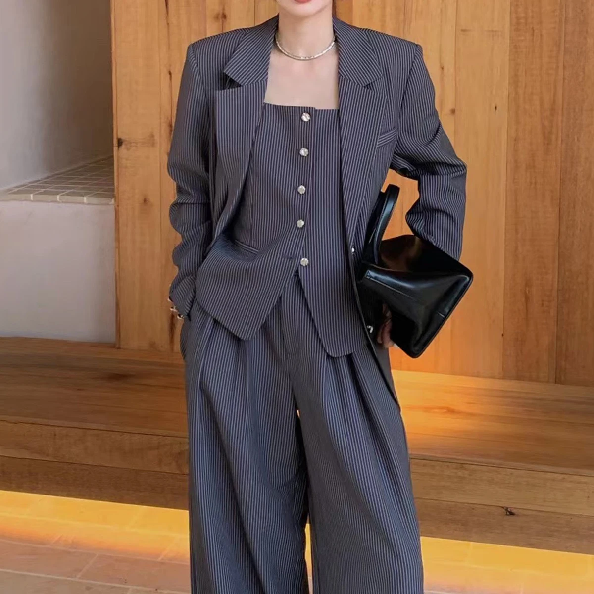 KWTX Conjunto de 3 piezas para mujer con chaleco, chaqueta con cinturón y cuello redondo, ligera, holgada, informal, cómoda, elegante, otoño 2025