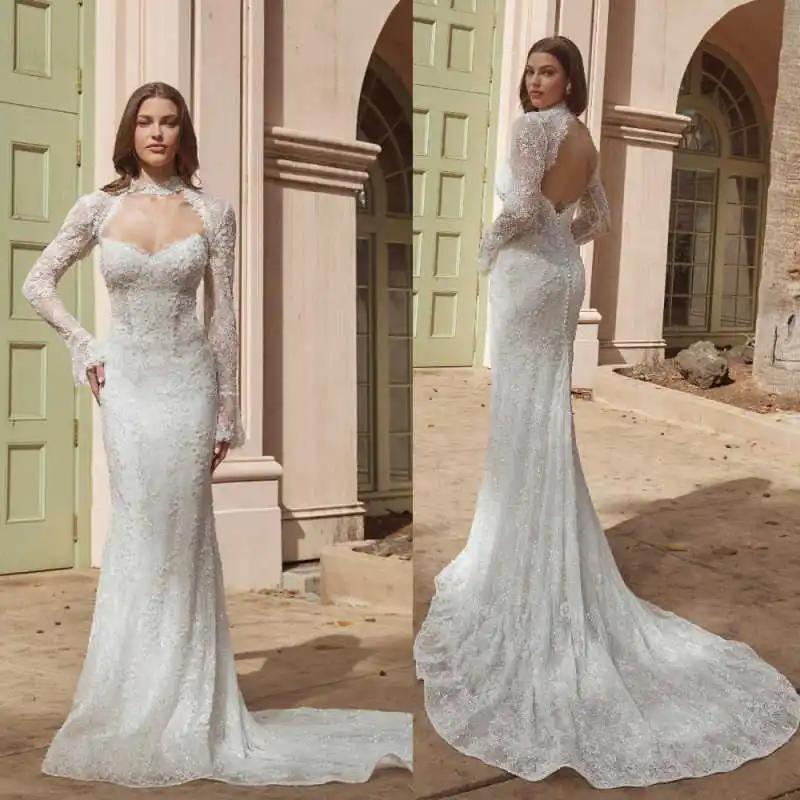 Elegant Vintage Bridal Jacket High Neck Cutout Floral Lace Applique Long Flared Sleeves Beaded Edge Wedding Ceremony Banquet
