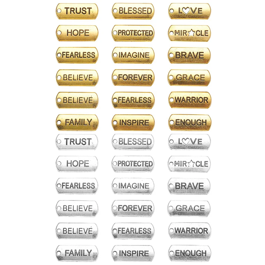 36 Pcs Inspirational Word Pendant Anklet Charms Alloy Pendants Zipper Tags For Necklace Making Rectangular Jewelry DIY Bracelet