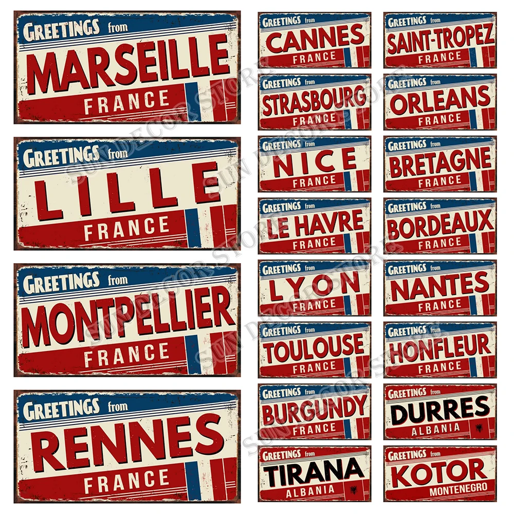 

Greetings From France Sweden City Nice Lyon Cannes Vintage Metal Sign Wall Art Home Decor Poster 6x12 Inch Customizable KL-0436