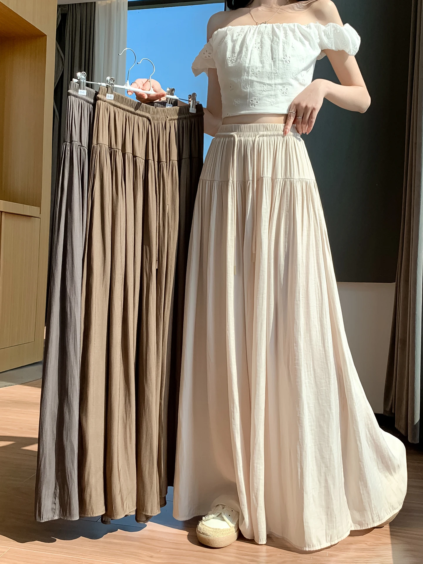 

Summer Thin Cotton Linen Wide Leg Pants Women High Waist Slimming Loose Casual Drapey Floor Length Trouser Skirt