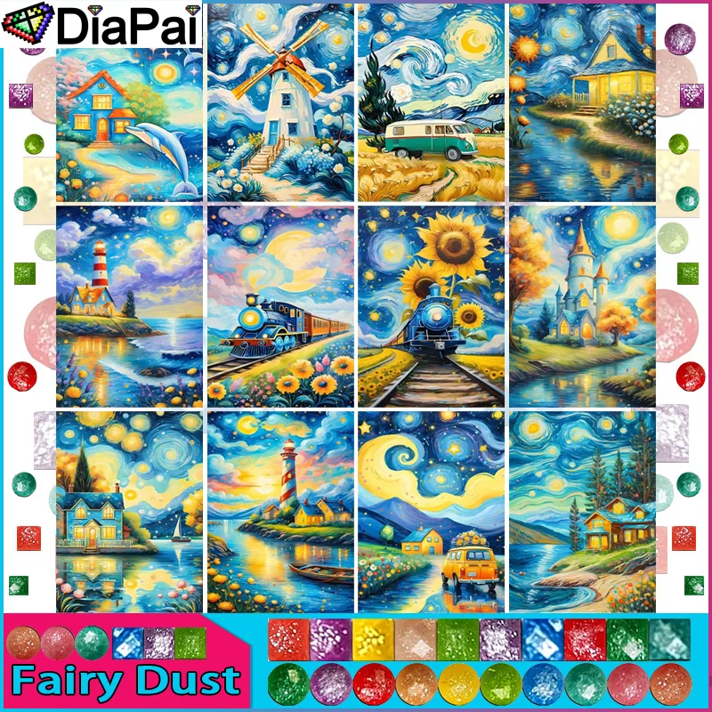 Diapai fada poeira ab quadrado/broca redonda 5d diy pintura diamante "casa lua árvore" bordado ponto cruz completo strass decoração