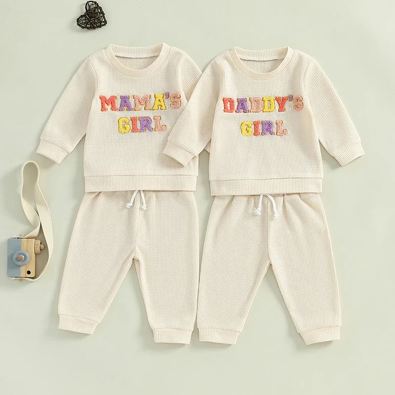 Baby Autumn Winter Clothing Girl Waffle Clothes Long Sleeve Letters Embroidery Sweatshirt Elastic Pants Sets Outfit