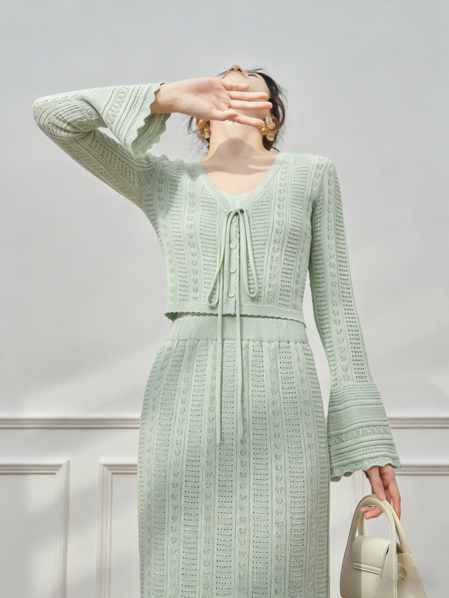 

Green Knitted Bell Sleeve Open Cardigan Top And Skirt Set Women's Fashion Spring Outfit High Waist Loose Fit Casual Wear
